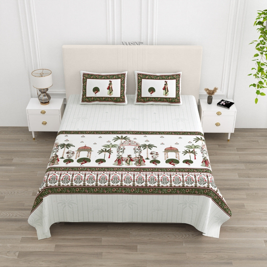 Golden Era Darbar Olive Green & Ruby Pure Cotton King Size Bedsheet