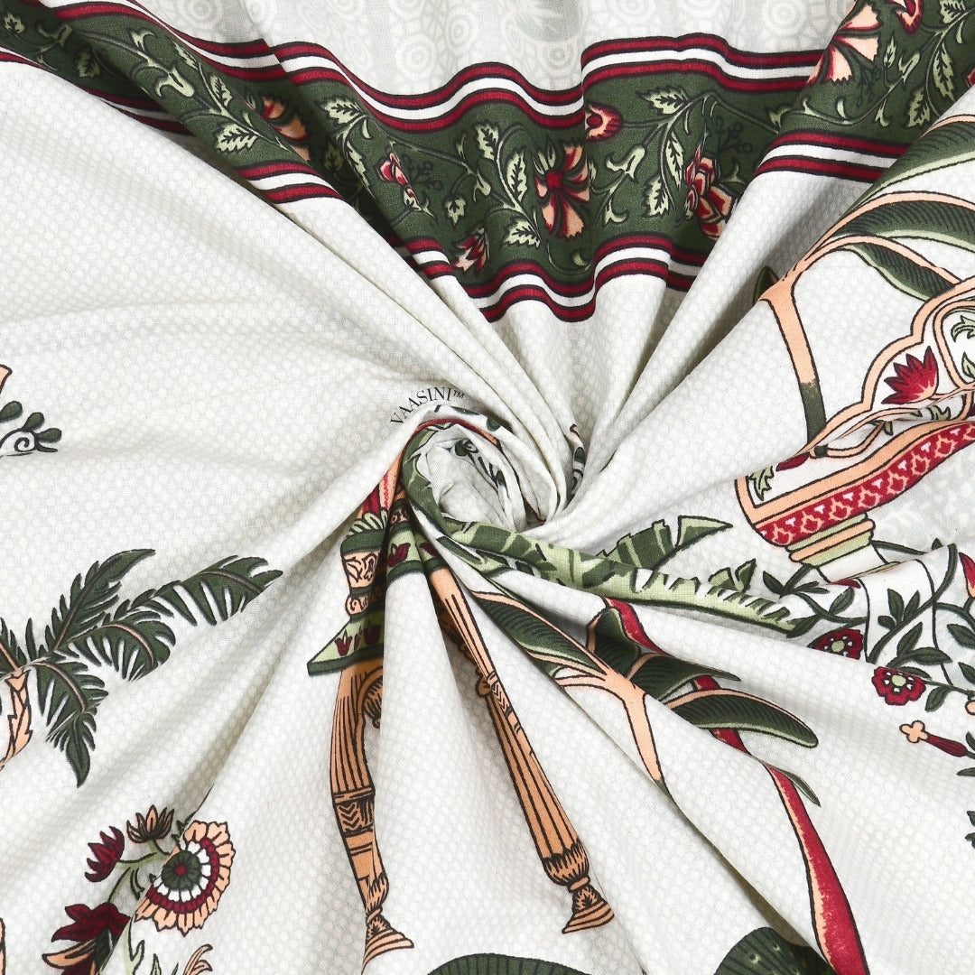 Golden Era Darbar Olive Green & Ruby Pure Cotton King Size Bedsheet