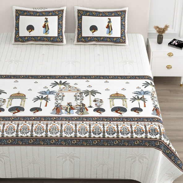 Golden Era Darbar Slate Blue & Terracotta Pure Cotton King Size Bedsheet
