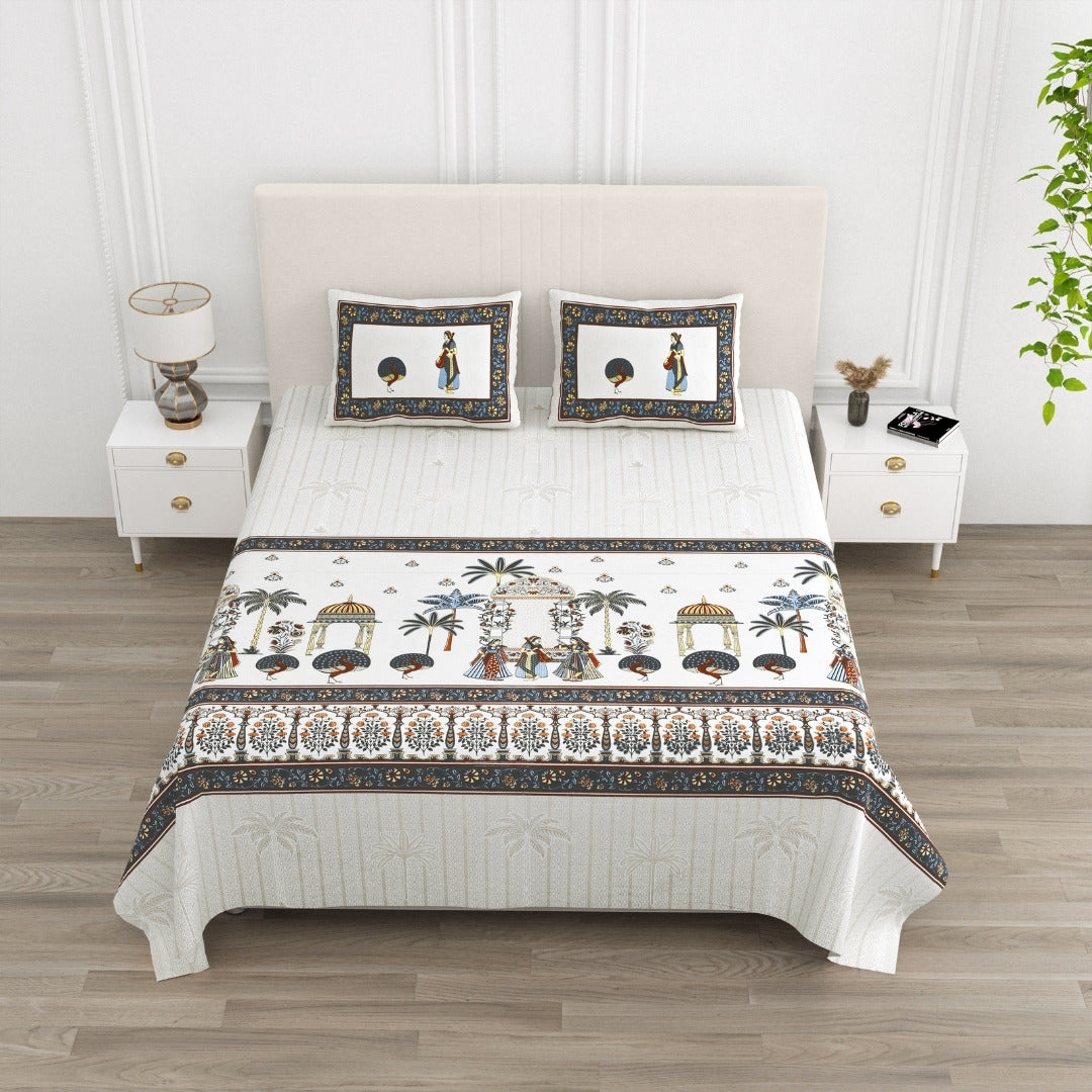 Golden Era Darbar Slate Blue & Terracotta Pure Cotton King Size Bedsheet