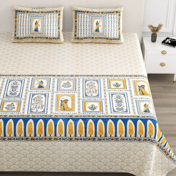Festive Ghoomar Bright Blue & Marigold Pure Cotton King Size Bedsheet