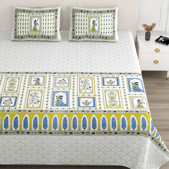 Festive Ghoomar Lime Green & Sky Blue Pure Cotton King Size Bedsheet