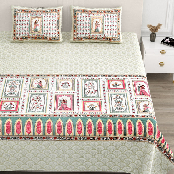 Festive Ghoomar Emerald & Pink Rose Pure Cotton King Size Bedsheet