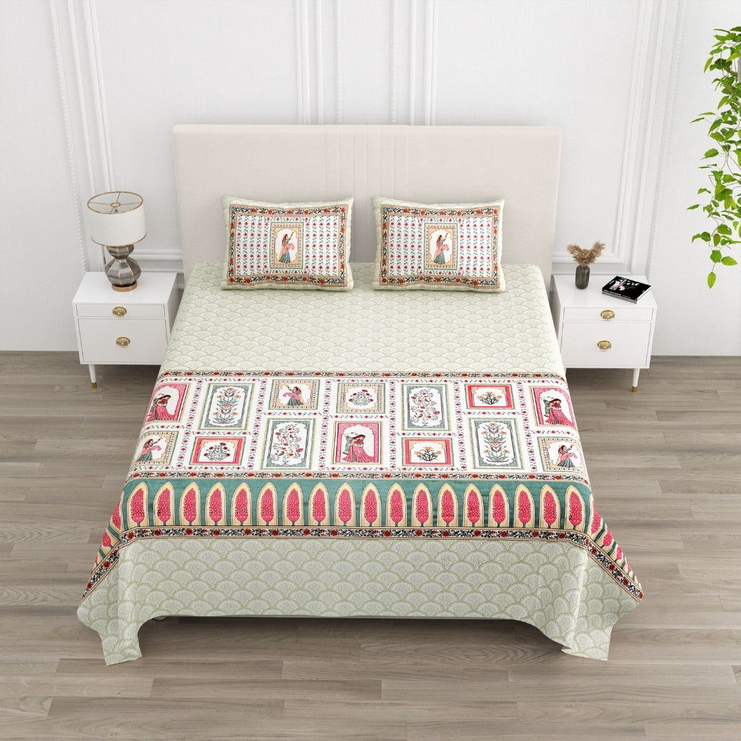 Festive Ghoomar Emerald & Pink Rose Pure Cotton King Size Bedsheet