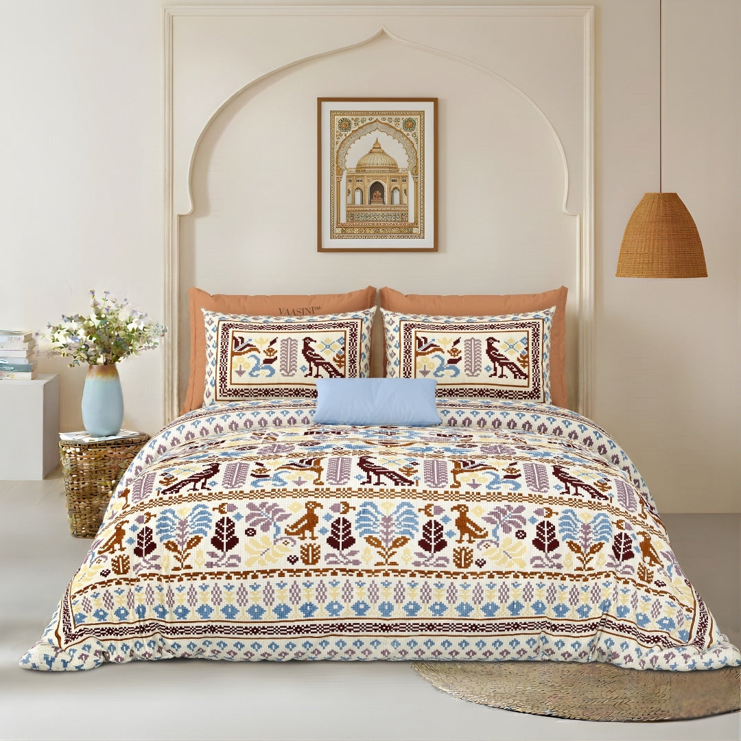 Royal Avian Terracotta & Indigo Pure Cotton King Size Bedsheet
