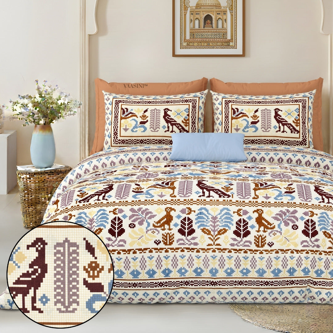 Royal Avian Terracotta & Indigo Pure Cotton King Size Bedsheet
