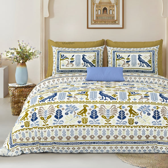 Royal Avian Mustard & Navy Pure Cotton King Size Bedsheet