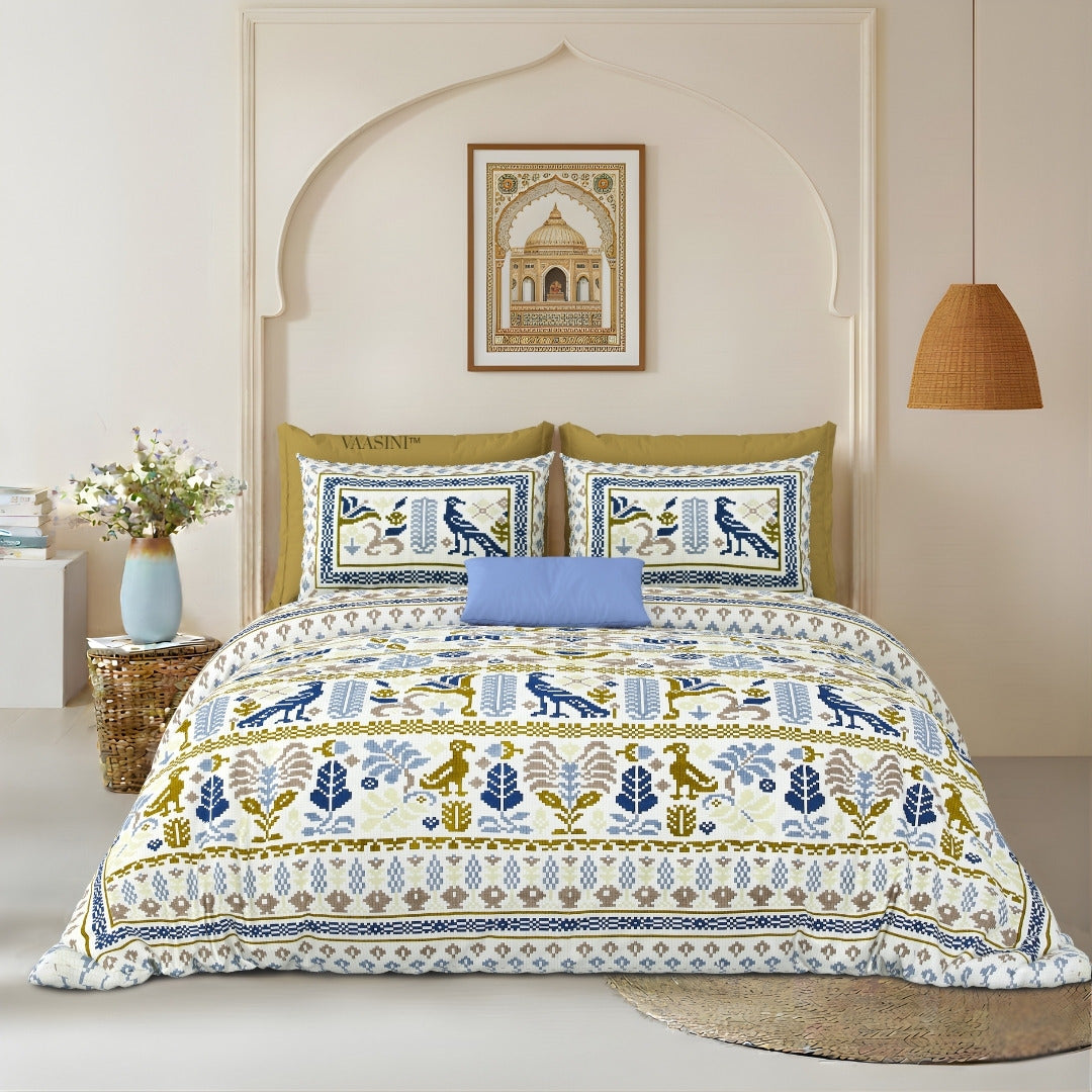 Royal Avian Mustard & Navy Pure Cotton King Size Bedsheet