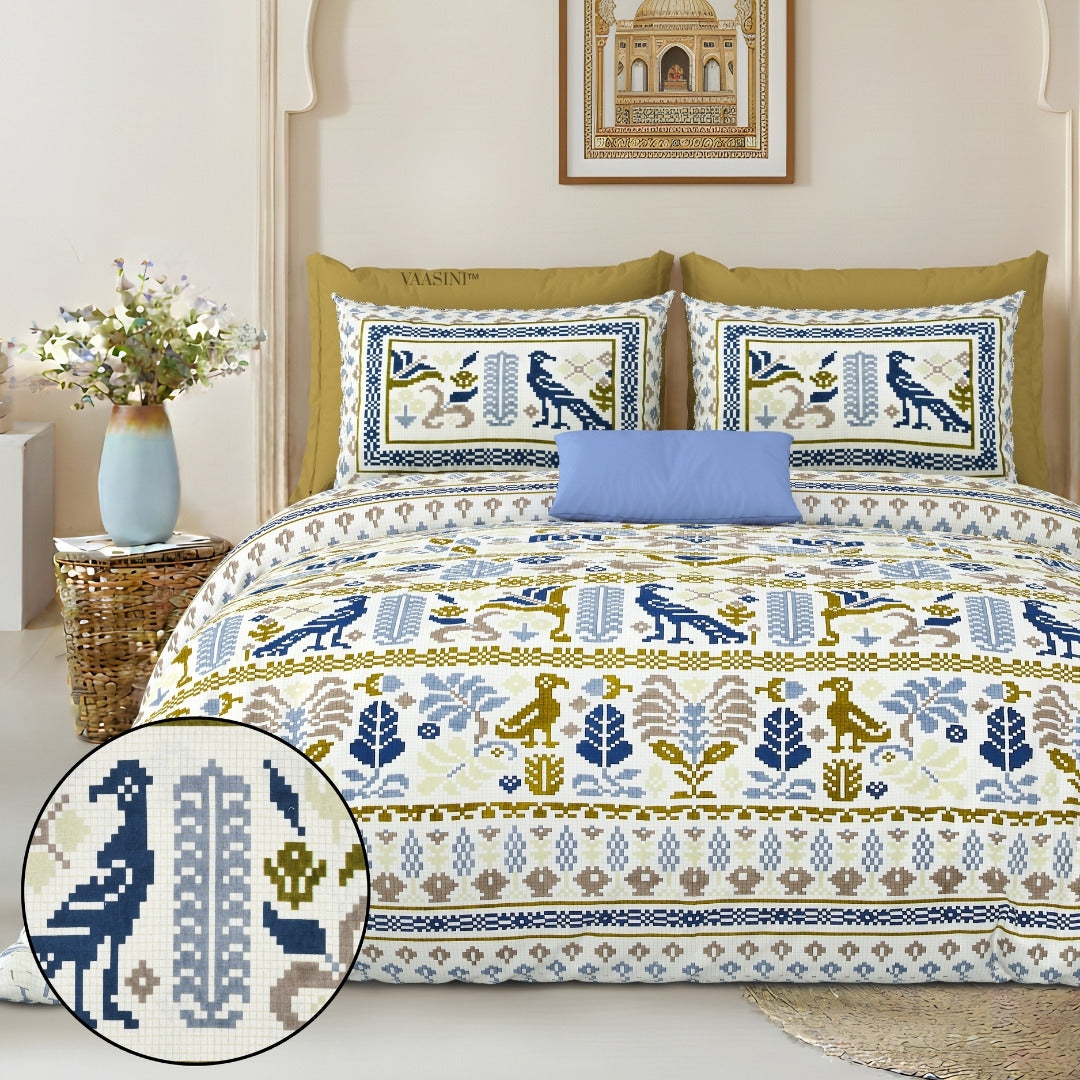 Royal Avian Mustard & Navy Pure Cotton King Size Bedsheet