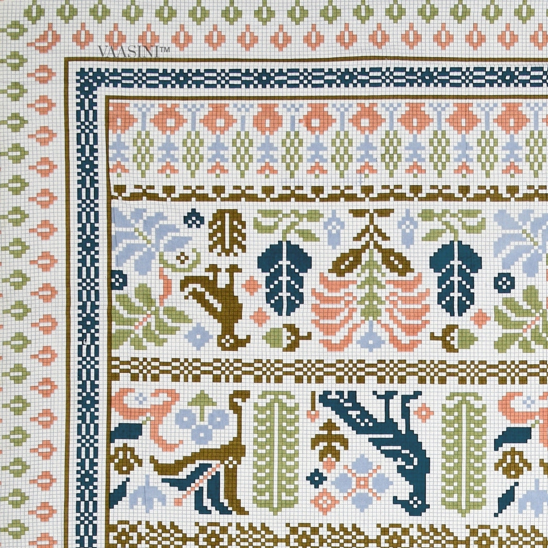 Royal Avian Sage & Teal Pure Cotton King Size Bedsheet