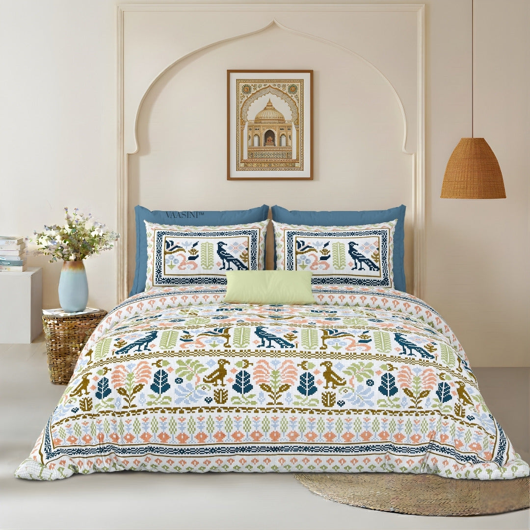 Royal Avian Sage & Teal Pure Cotton King Size Bedsheet