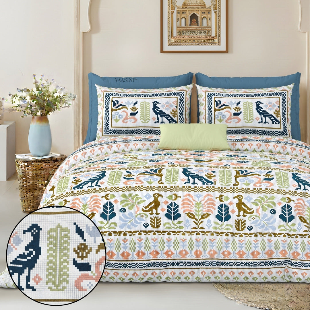 Royal Avian Sage & Teal Pure Cotton King Size Bedsheet