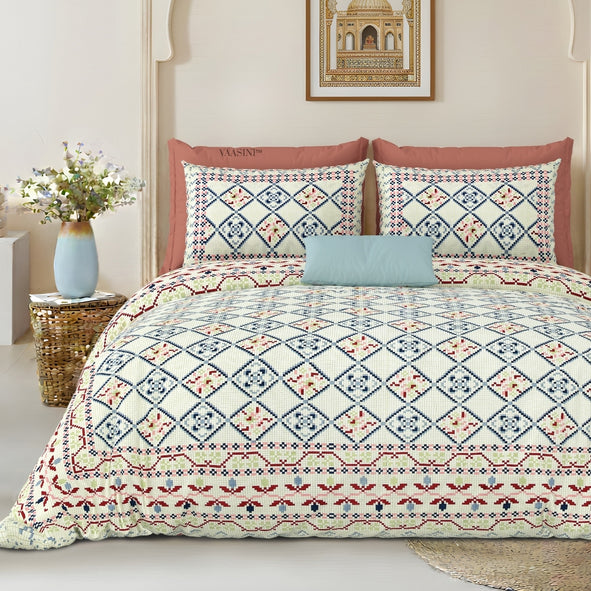 Geometric Lattice Coral & Sky Blue Pure Cotton King Size Bedsheet