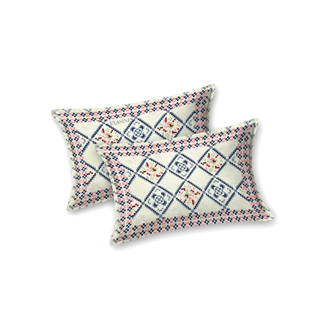 Geometric Lattice Coral & Sky Blue Pure Cotton King Size Bedsheet