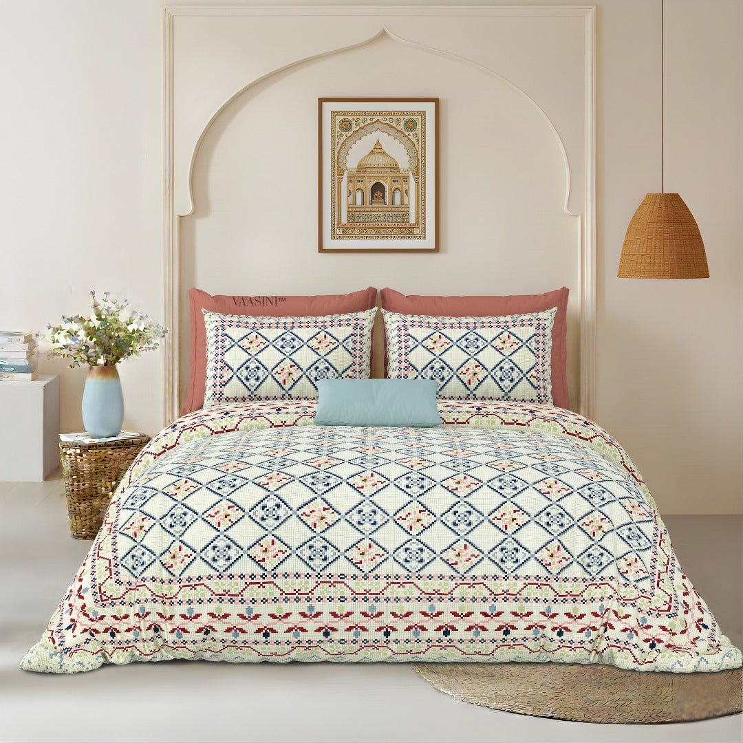 Geometric Lattice Coral & Sky Blue Pure Cotton King Size Bedsheet