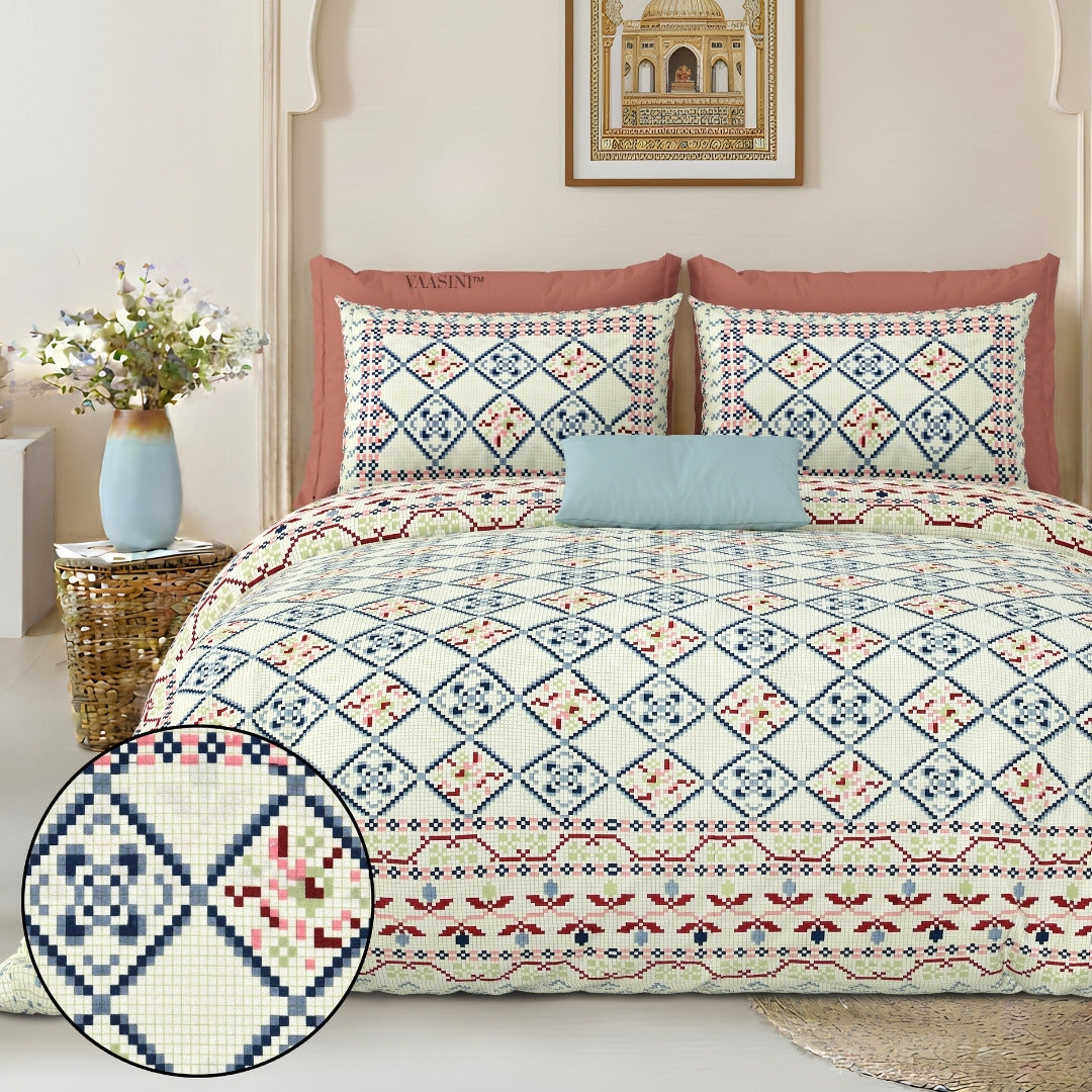 Geometric Lattice Coral & Sky Blue Pure Cotton King Size Bedsheet