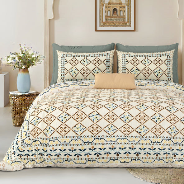 Geometric Lattice Olive & Sand Pure Cotton King Size Bedsheet