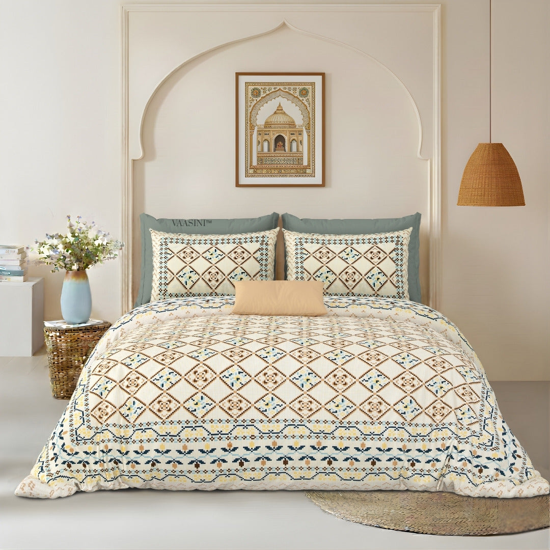 Geometric Lattice Olive & Sand Pure Cotton King Size Bedsheet