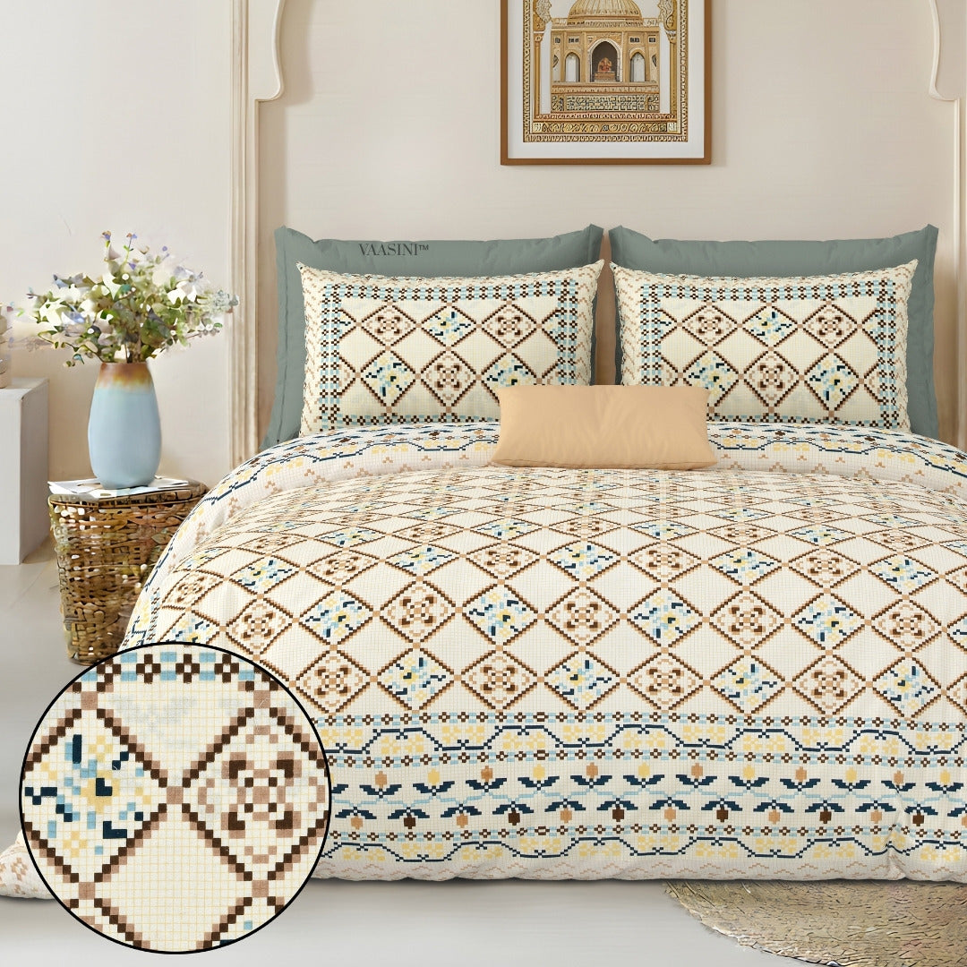 Geometric Lattice Olive & Sand Pure Cotton King Size Bedsheet