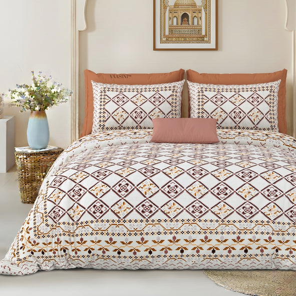 Geometric Lattice Rust & Charcoal Pure Cotton King Size Bedsheet