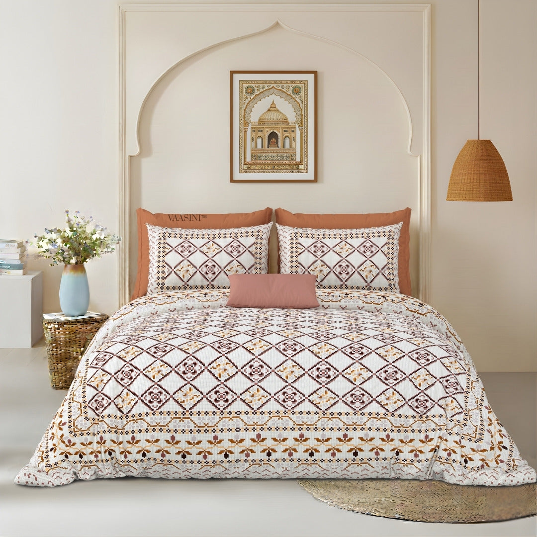 Geometric Lattice Rust & Charcoal Pure Cotton King Size Bedsheet