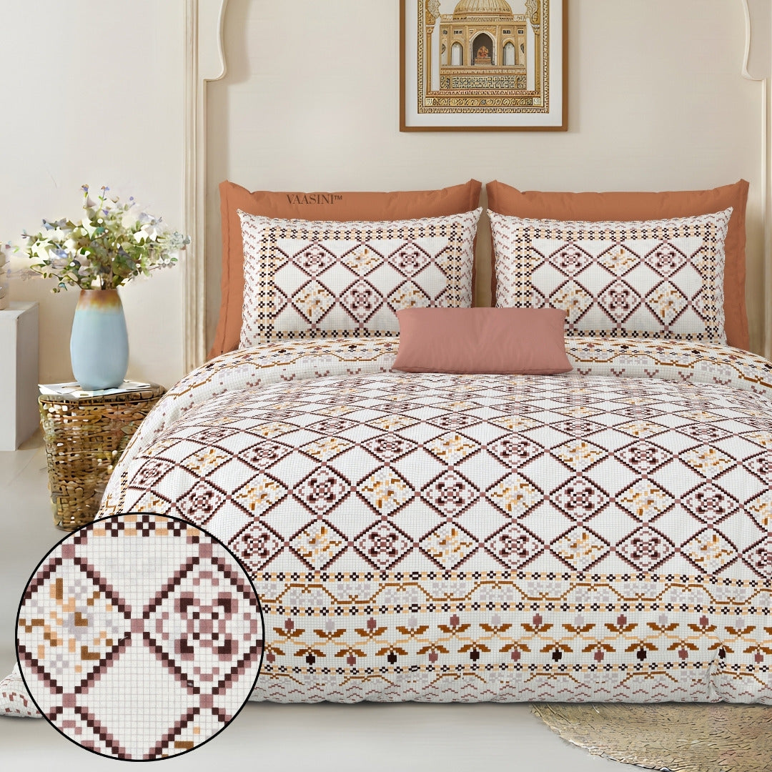 Geometric Lattice Rust & Charcoal Pure Cotton King Size Bedsheet