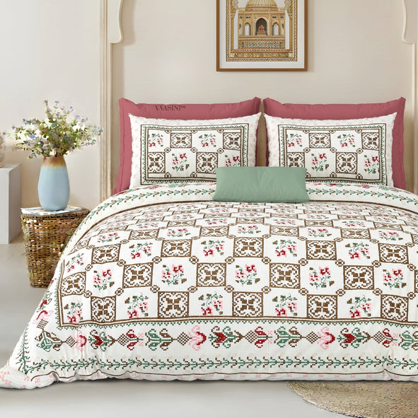 Heritage Square Rose & Mint Pure Cotton King Size Bedsheet