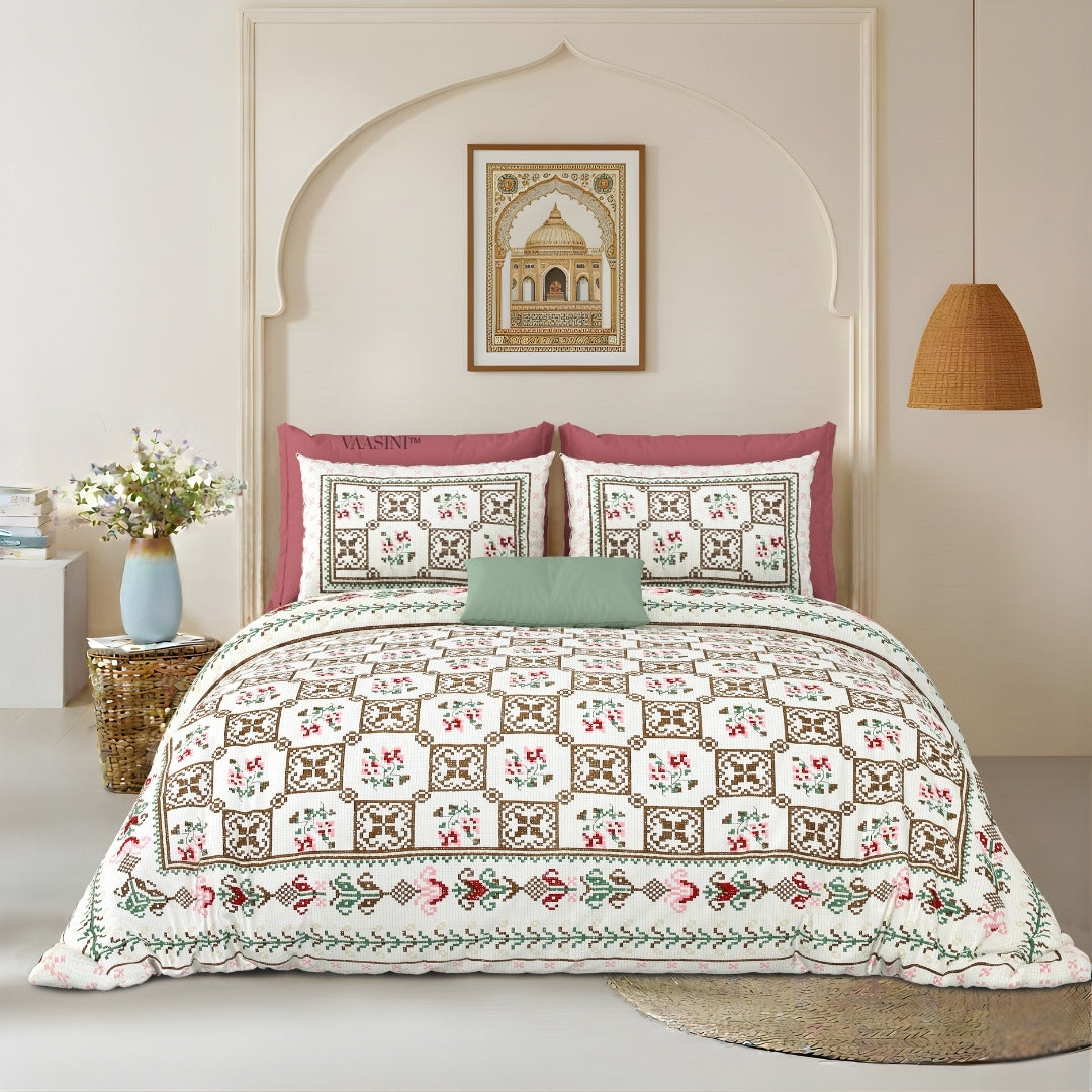 Heritage Square Rose & Mint Pure Cotton King Size Bedsheet