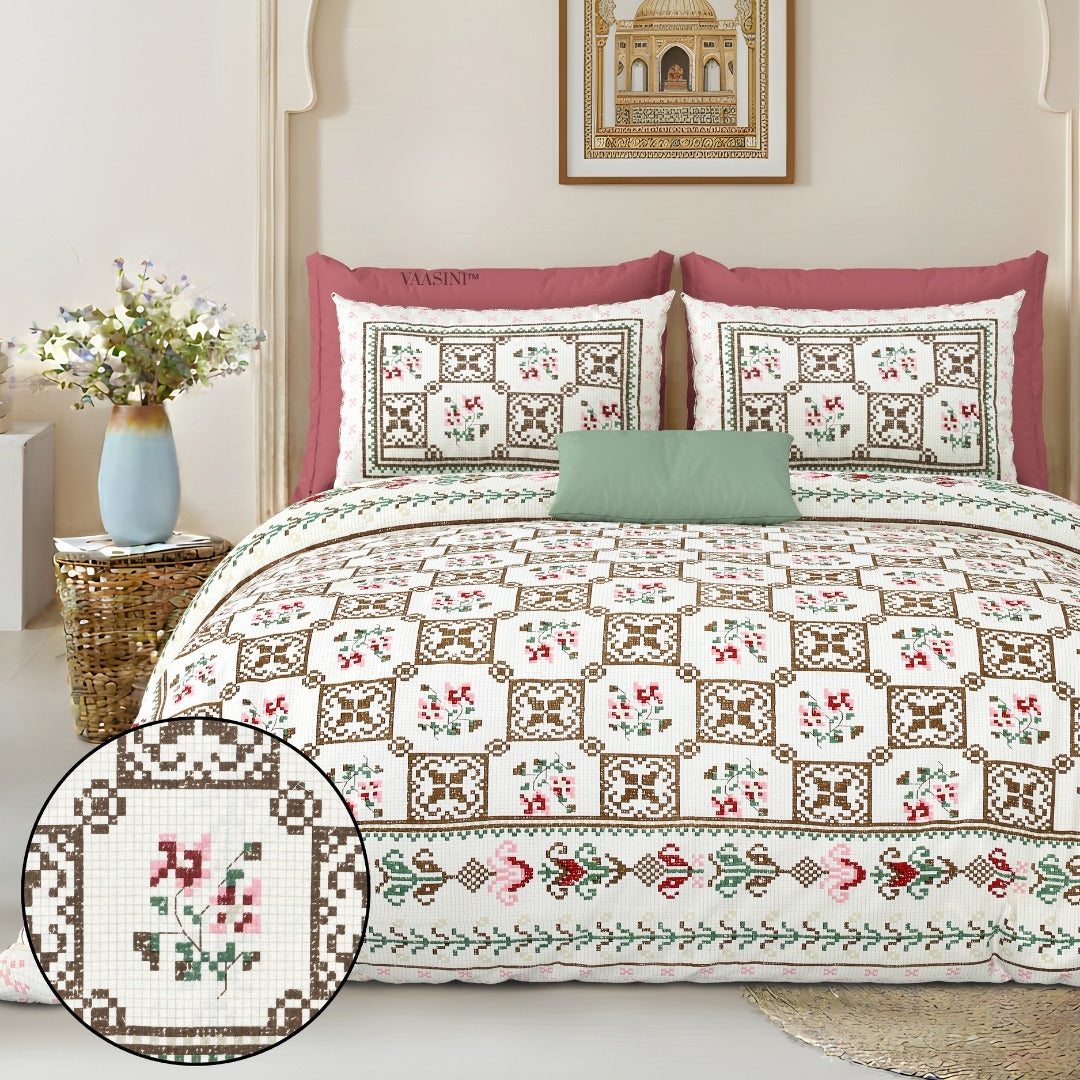 Heritage Square Rose & Mint Pure Cotton King Size Bedsheet