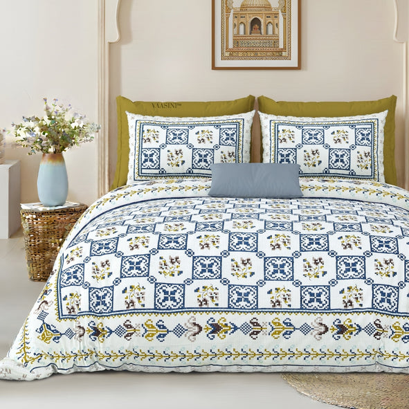Heritage Square Ochre & Slate Pure Cotton King Size Bedsheet