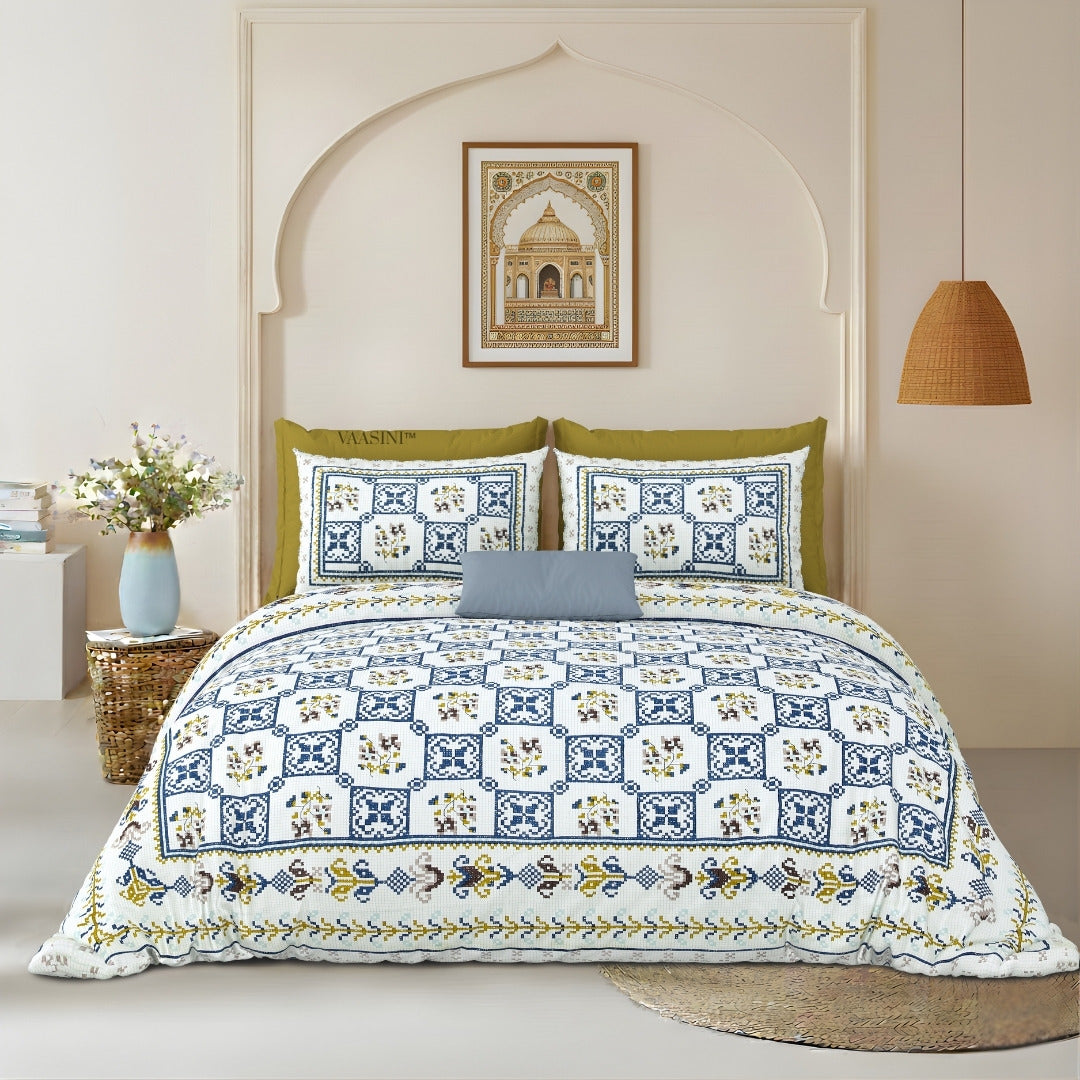 Heritage Square Ochre & Slate Pure Cotton King Size Bedsheet