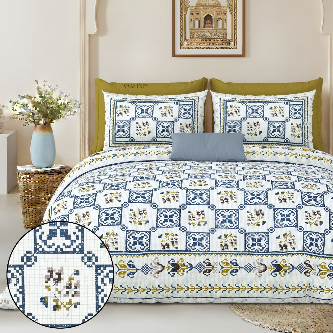 Heritage Square Ochre & Slate Pure Cotton King Size Bedsheet