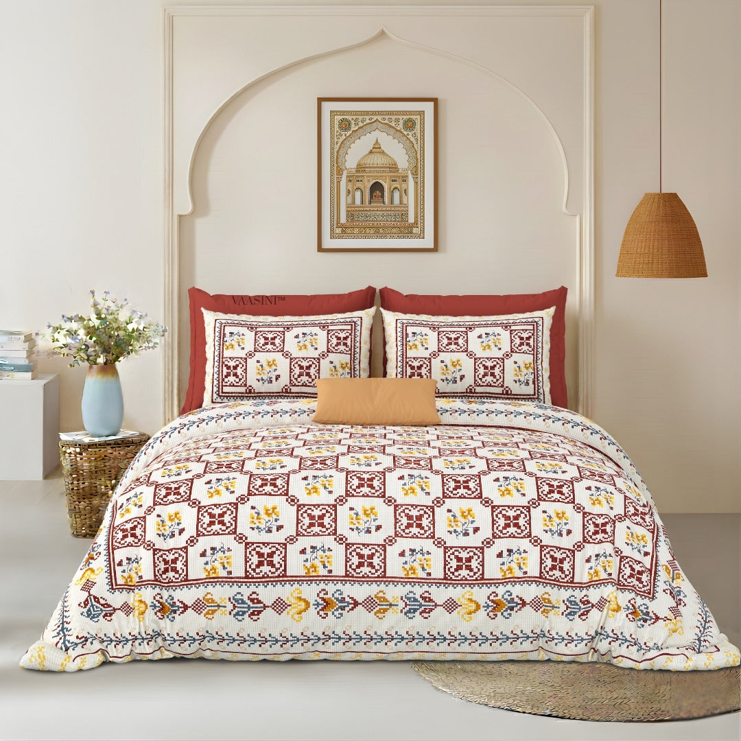 Heritage Square Crimson & Amber Pure Cotton King Size Bedsheet