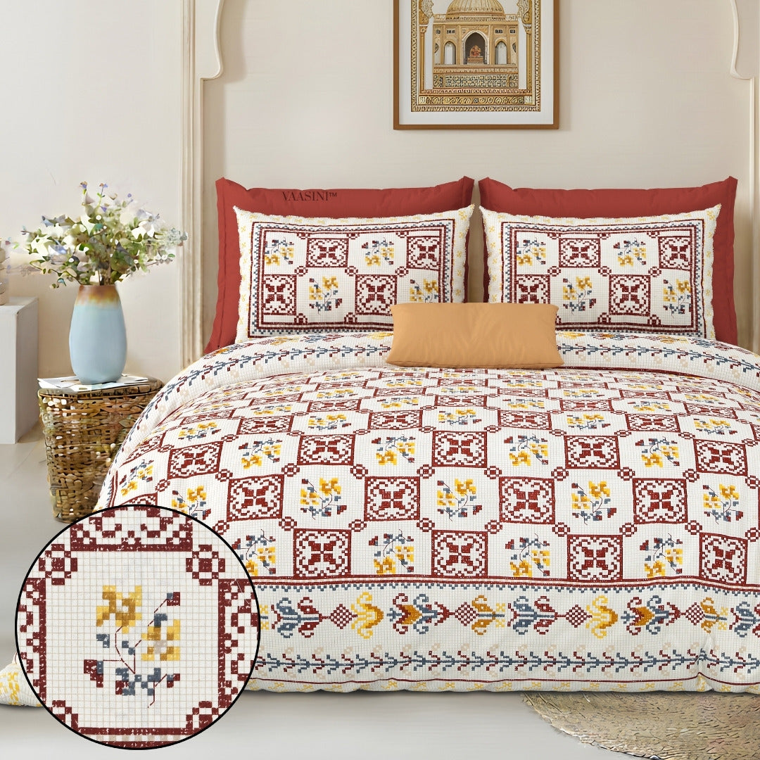 Heritage Square Crimson & Amber Pure Cotton King Size Bedsheet