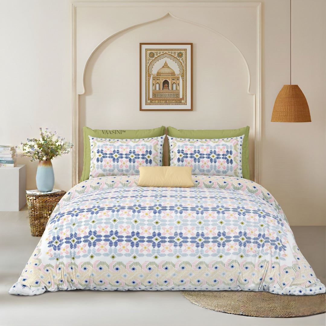Pixelated Bloom Indigo & Blush Pure Cotton King Size Bedsheet