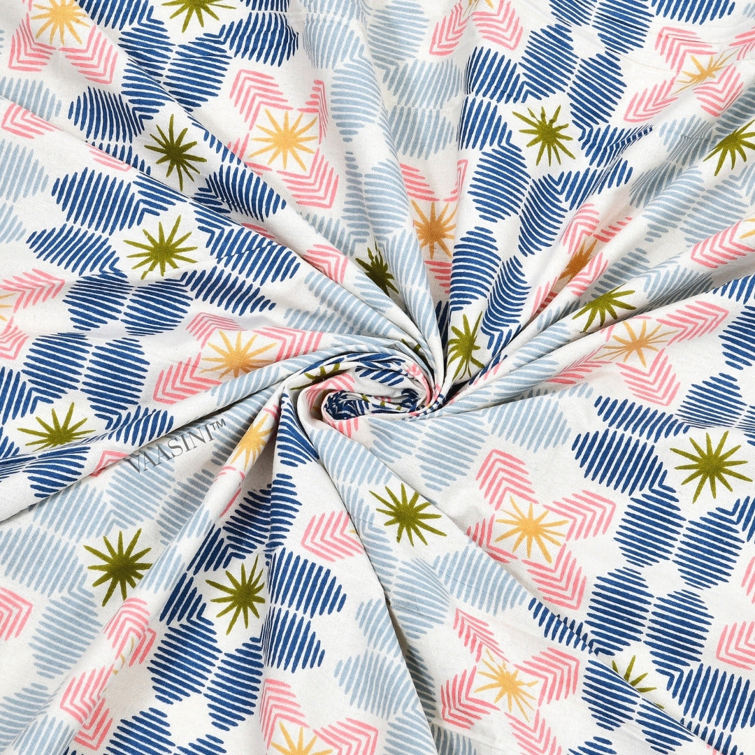 Pixelated Bloom Indigo & Blush Pure Cotton King Size Bedsheet