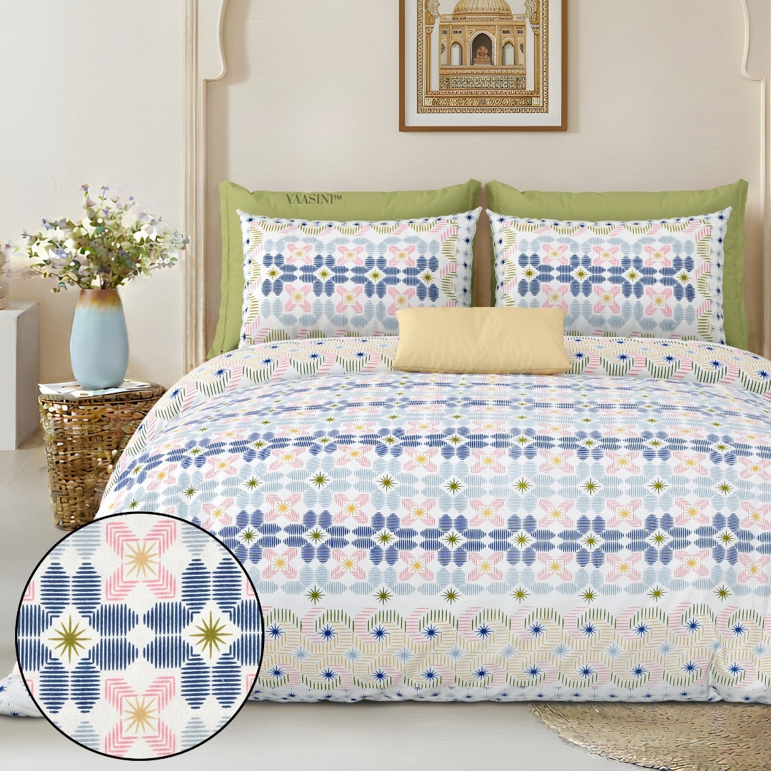 Pixelated Bloom Indigo & Blush Pure Cotton King Size Bedsheet