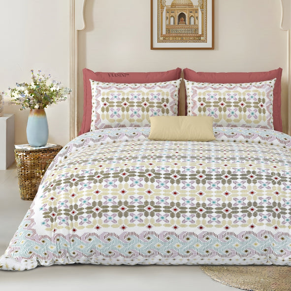 Pixelated Bloom Olive & Maroon Pure Cotton King Size Bedsheet