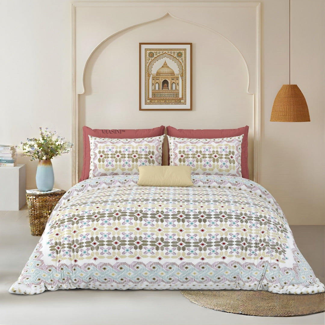 Pixelated Bloom Olive & Maroon Pure Cotton King Size Bedsheet