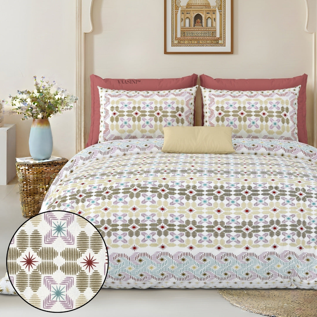 Pixelated Bloom Olive & Maroon Pure Cotton King Size Bedsheet