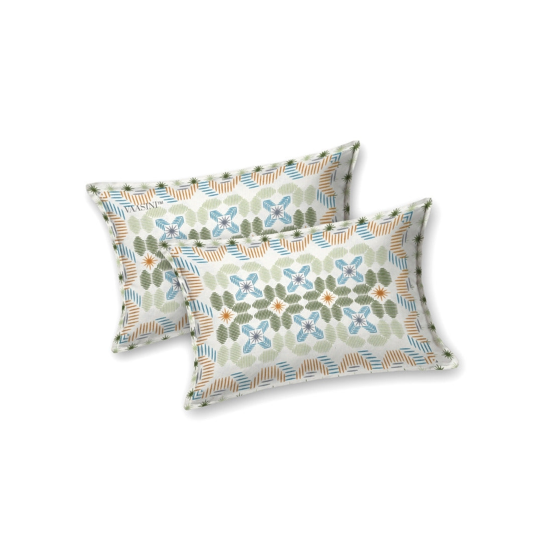 Pixelated Bloom Leaf Green & Amber Pure Cotton King Size Bedsheet