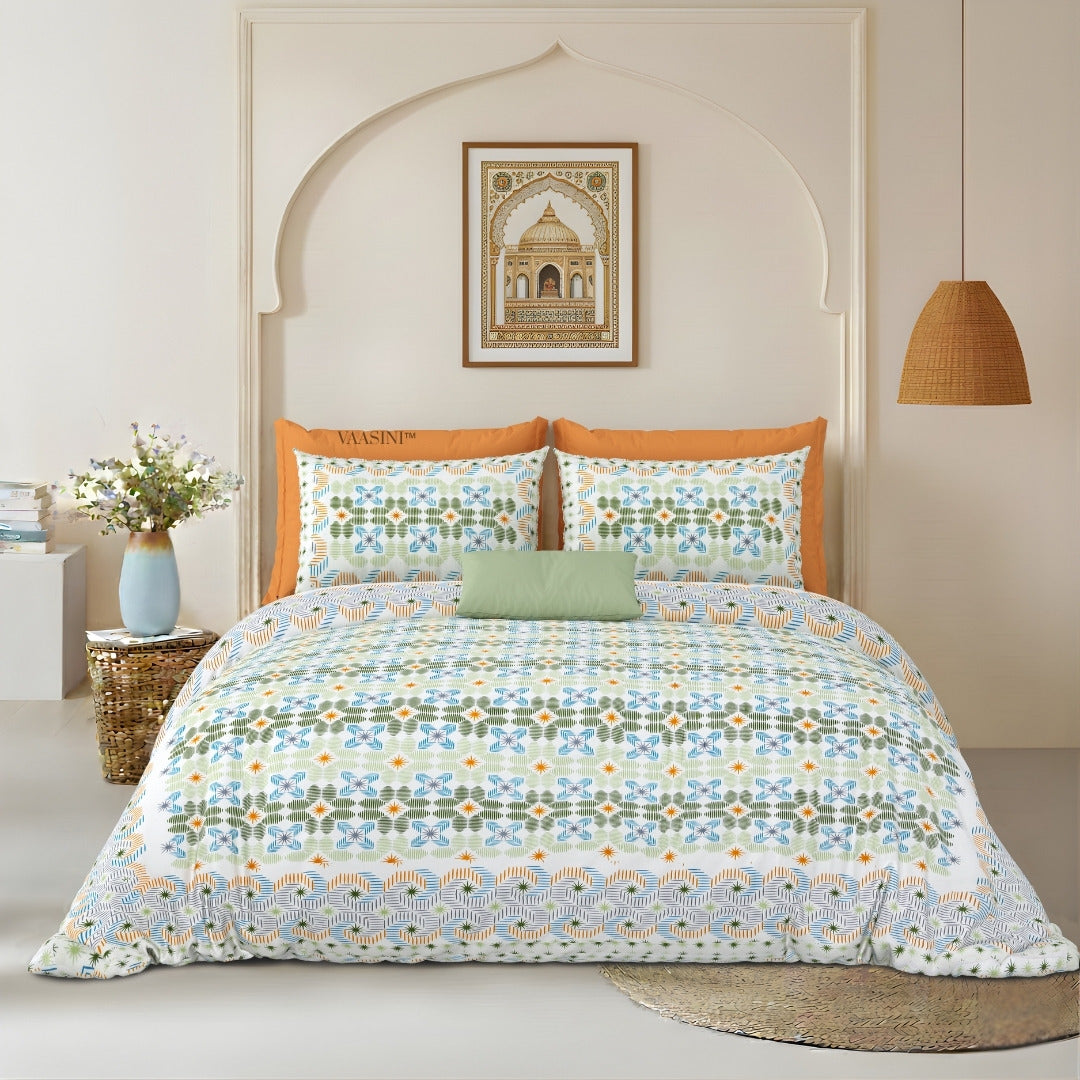 Pixelated Bloom Leaf Green & Amber Pure Cotton King Size Bedsheet