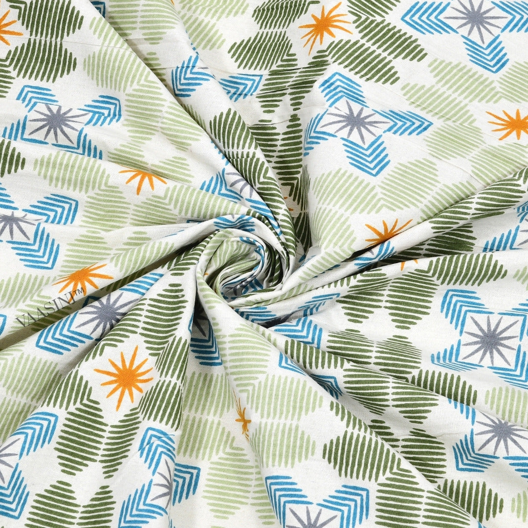Pixelated Bloom Leaf Green & Amber Pure Cotton King Size Bedsheet