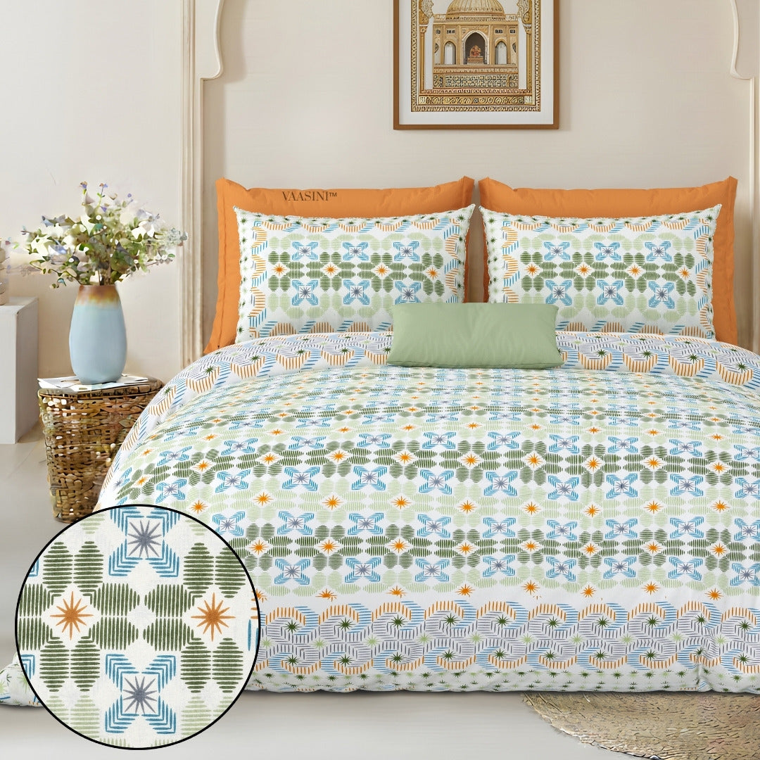 Pixelated Bloom Leaf Green & Amber Pure Cotton King Size Bedsheet
