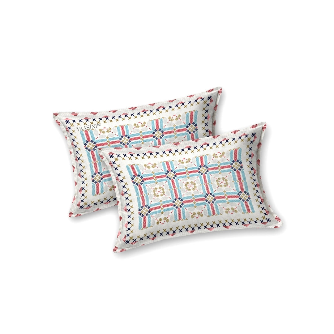 Tribal Frame Sky Blue & Rose Pure Cotton King Size Bedsheet