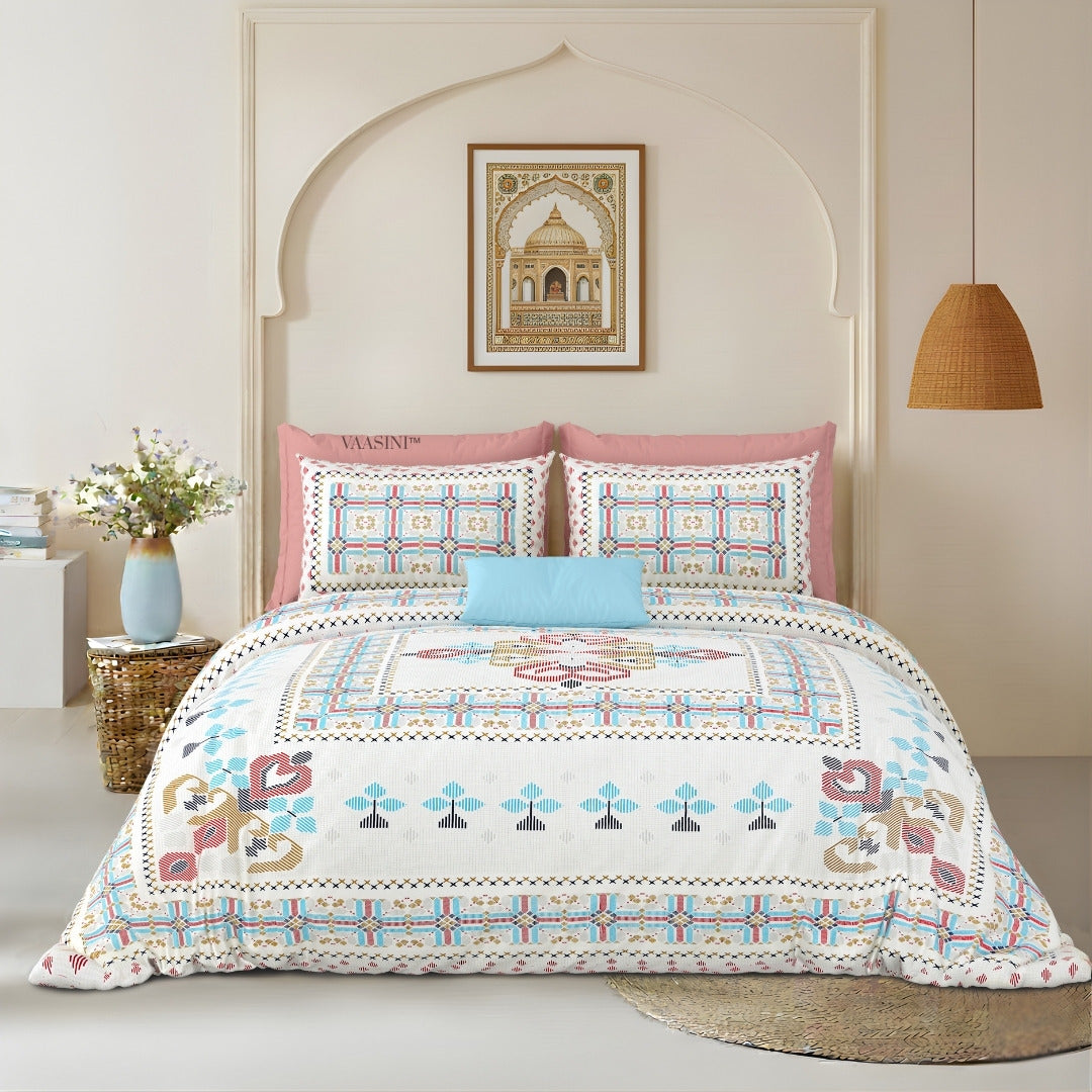 Tribal Frame Sky Blue & Rose Pure Cotton King Size Bedsheet