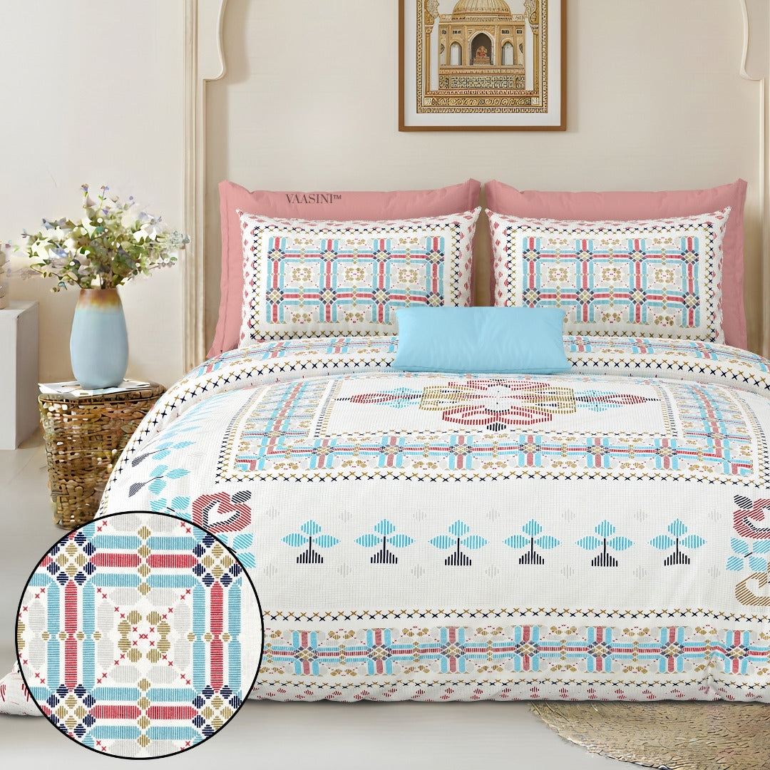 Tribal Frame Sky Blue & Rose Pure Cotton King Size Bedsheet