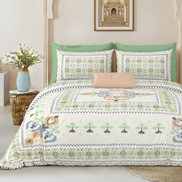 Tribal Frame Emerald & Peach Pure Cotton King Size Bedsheet
