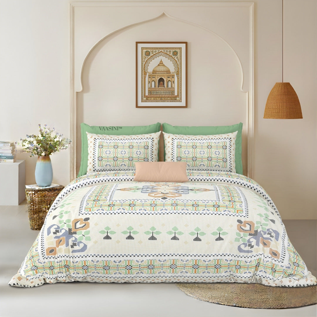Tribal Frame Emerald & Peach Pure Cotton King Size Bedsheet