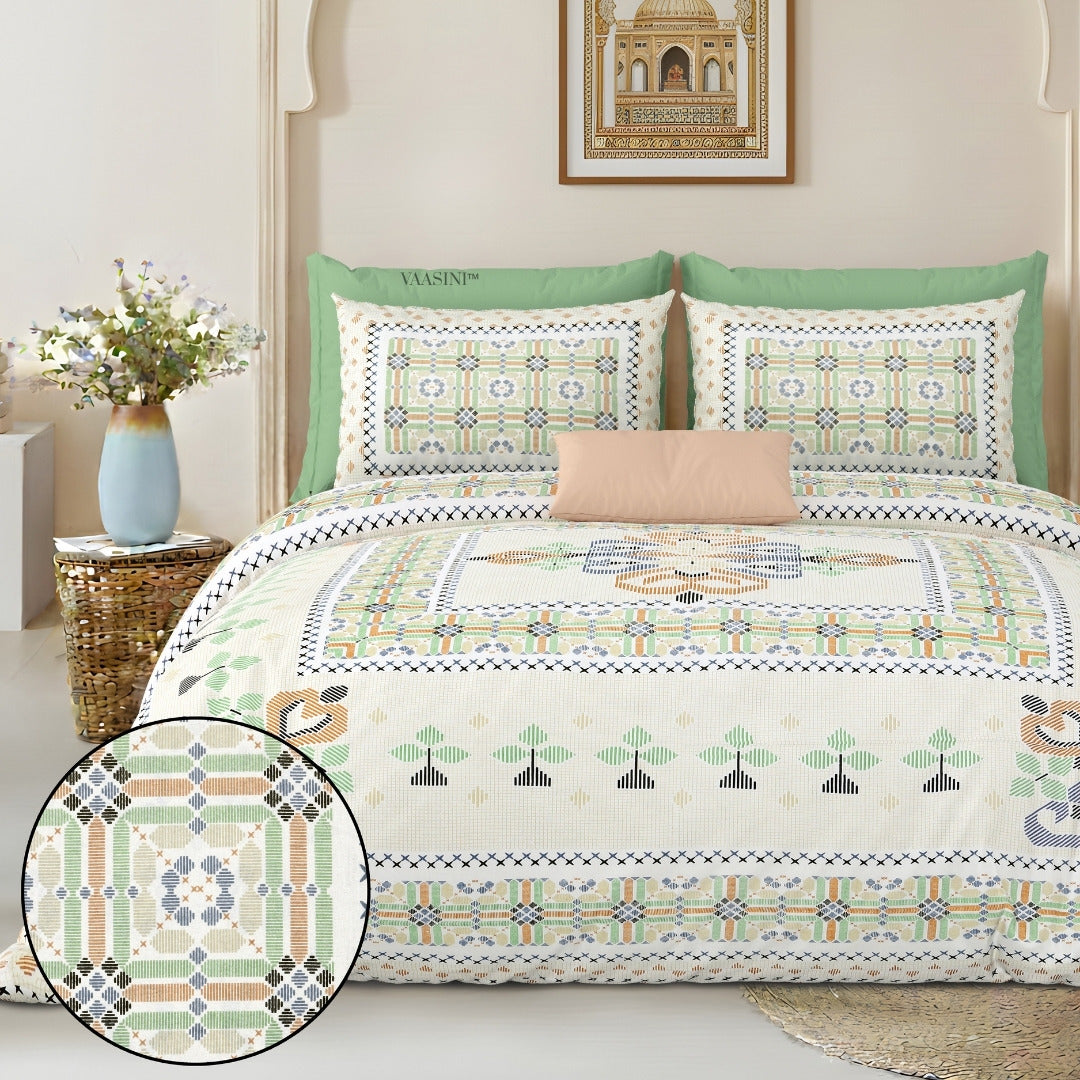 Tribal Frame Emerald & Peach Pure Cotton King Size Bedsheet